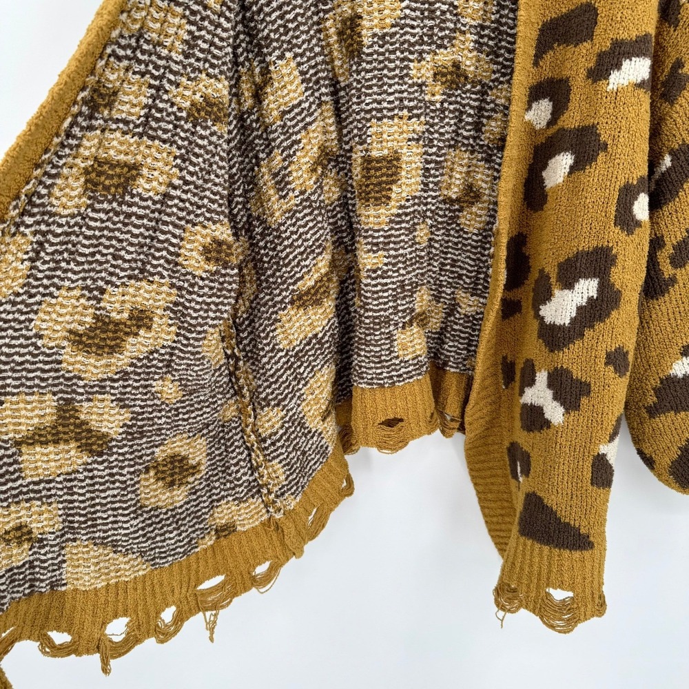 A Beautiful Soul Yellow/Brown Leopard Print Chunky  Distressed Sweater Cardigan - Picture 6 of 12